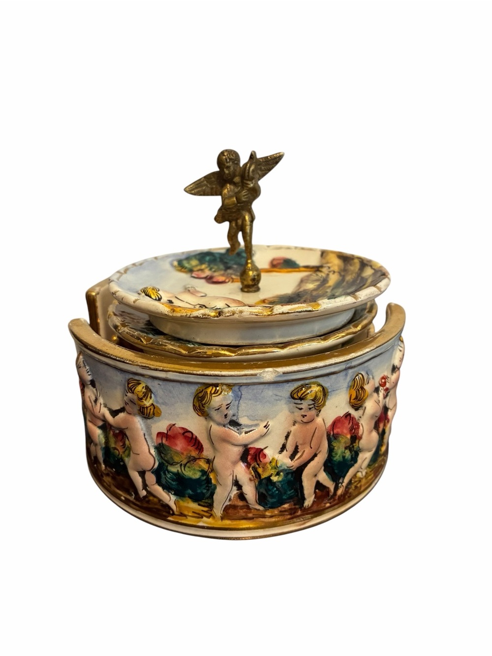 Vintage Capodimonte Italy Cherub Putti Ceramic Coaster Set with Holder 6pc M&R